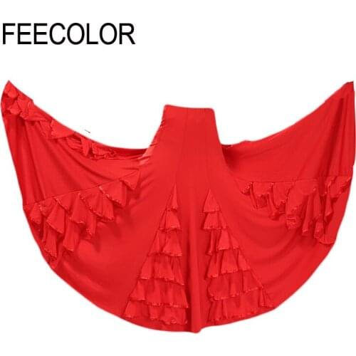 FEECOLOR Spanisch Ballroom Long Swing Skirt Waltz Performance Dancing Stage Costume Multi Tiered Decor 5 Color