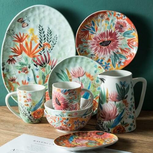 Hand-painted ceramic tableware dishes discs rice bowls cold kettles water cup bowls and dishes set vase Salad dish gift CL102003