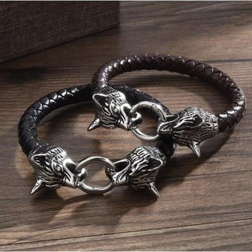 Classic Mens Fashion Viking Stainless Steel Wolf Head Bracelet Black Leather Braided Rope Chain Jewelry Gift