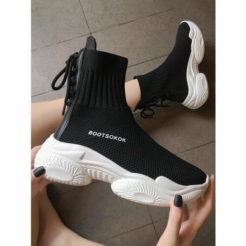 Ins Socks Shoes Womens 2021 New Fall Student Fly Woven Mesh Face Breathable Muffin Old Dad Shoes High Top Sneakers