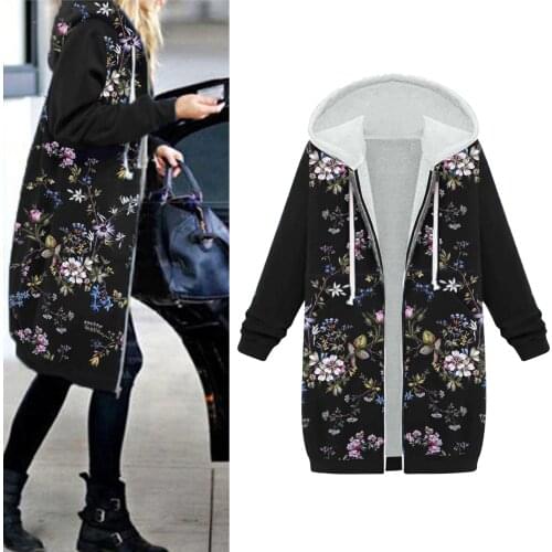 Women Winter Coat Warm Floral Print Zipper Hooded Pockets Outwear Vintage Oversize Female Coats Casual Fleece Jacket Plus Size