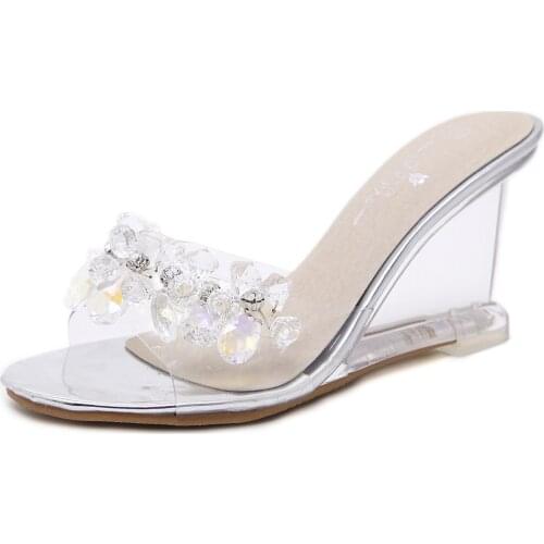 Summer Wedge Womens Shoes Transparent High-heeled Platform Shoes Sexy Ladies Sweet Glass Beaded Rhinestone Sandals