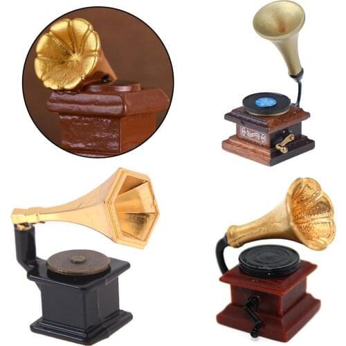 1:12 Mini Phonograph Accessories Retro Gramophone With Record Diy Miniature Doll House Furniture Dollhouse FurnitureMiniature