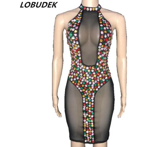 Multi-color Rhinestones Transparent Bodycon Dress Women Birthday Celebrate Prom Black Mesh See Though Outfit Singer Host Costume