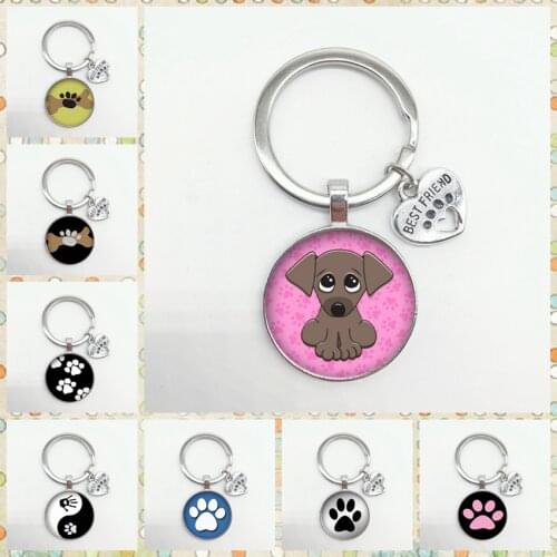 New Cartoon Cute Pet Dog Footprint Keychain Convex Round Glass Pet Kitten Puppy Paw Pattern Key Ring