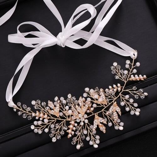 New Retro Gold Pearl Crystal Bridal Hair Accessories Headband Wedding Dress Headdress Flower Wedding Hair Accessories Handmade