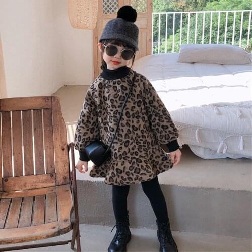 New Fashionable Leopard Grain Personality Medium Length Flounces Long Sleeve Pure Cotton Girls Clothes Winter Thick Wool Dress