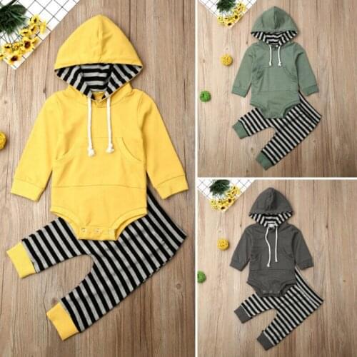 Pudcoco Autumn Newborn Baby Girls Boys Clothes Long Sleeve Hooded Pocket Romper Tops Striped Long Pants 2Pcs Outfits Clothes