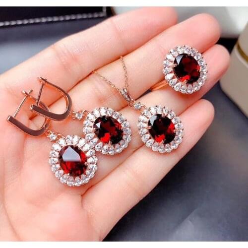 Good Valentine Gift Garnet Set Natural And Real Garnet Jewelry set 925 sterling silver 1pc Ring,1pc Pendant,2pcs Earring