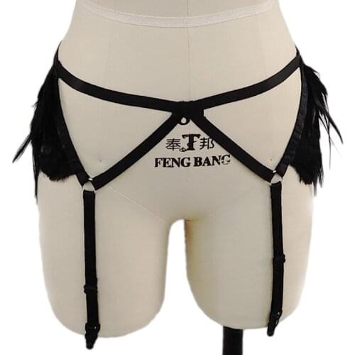 Bondage Stockings Feather Garter Belt Black Sexy Lingerie Leg Body Harness Cage Goth Punk Garters Pole Dance Rave Wear Harness