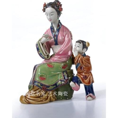 Three niang teach son Shiwan doll sculpture classical figures ladies living room porch family harmony decoration girl Beauty