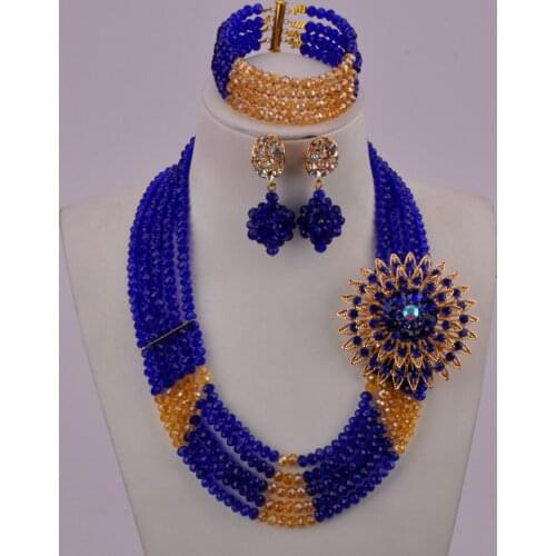 In fashion royal blue and champagne gold ab costume necklace african jewelry set nigerian wedding set 5C-SSJ-09
