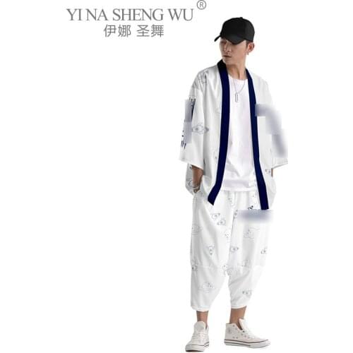Japanese Fashion Style Samurai Kimono Print Streetwear Men Cardigan Japan Harajuku Robe Pants Streetwear Traditional Tops Summer