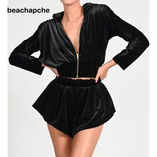 Beachapche Women Velvet Hooded Open Navel Long Sleeve Sweatershirt Elastic Shorts New Two Piece Set Fashion Spring Summer 2021