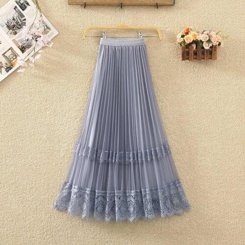 New 2021 Summer Versatile Medium Long Skirts For Women Fashion Lace Patchwork Stitched Mesh Both Sides High Waist Skirts Femme