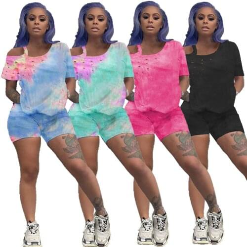 Women Tie-Dye Print Two Piece Set Short Sleeve T-shirt Biker Shorts Jogger Pants Suit Fitness Sport Tracksuit Matching Outfits