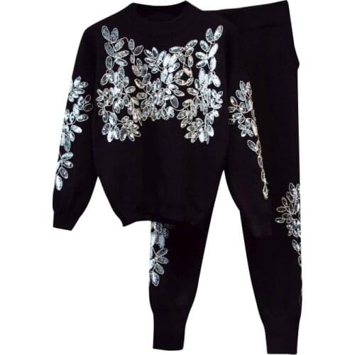 Autumn Winter 2 Piece Set Women Sequined Beading Knit Top and Harem Pant Casual Pantalon Set Black Conjunto Feminino Outfits