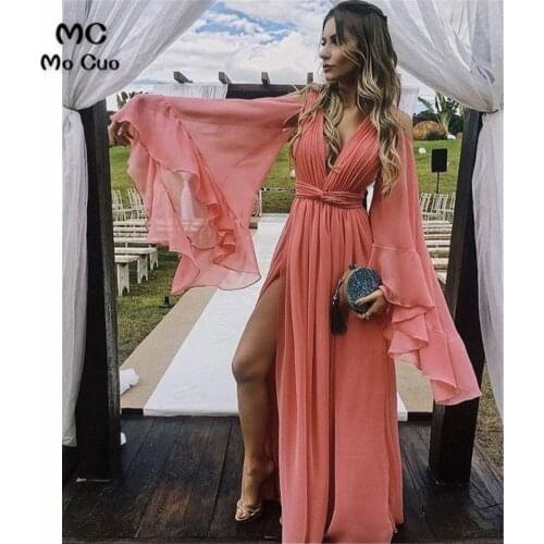 Rose Pink Simple Evening Dresses Long Deep V-Neck Long Sleeves Shiny Silk Satin Formal Evening Party Dress for Women
