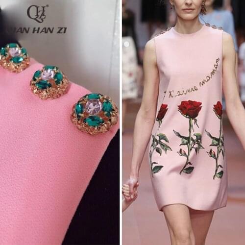 Qian Han Zi designer high-end custom fashion Summer dress Women Sleeveless crystal button sweet pink rose flower print dress