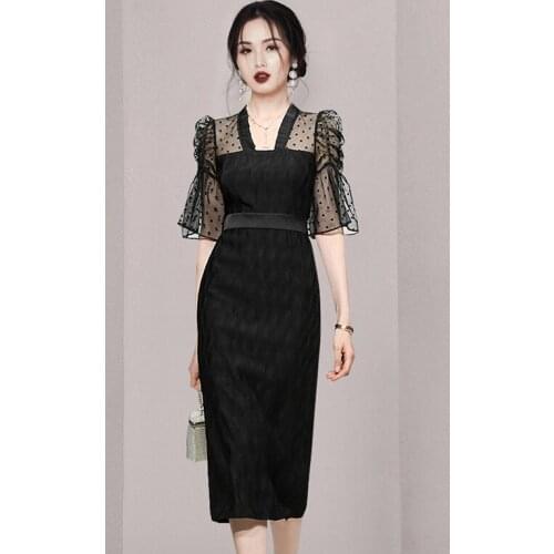 2021 New Summer Office Ladies Sheath Dress Elegant Women V Neck Dot Mesh Flare Sleeve Black Female Bodycon Pencil Midi Dress