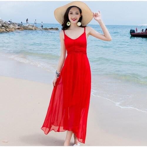 Silk dress 2019 spring summer women long casual sexy chiffon beach dresses bohemian plus size boho red loose backless party