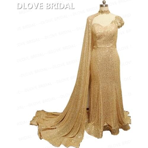 Gold Prom Dress Shinny Sequined Evening Dress with Detachable Cape DLOVE BRIDAL New Arrival Special Occassion Dresses