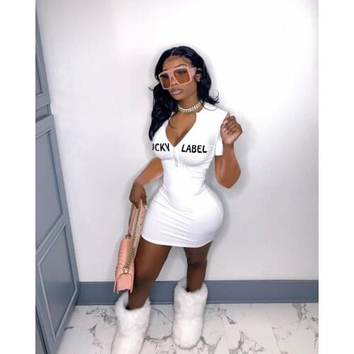 HHDMV 2021 fashion new street sexy girl style short dresses short sleeve zipper dresses lucky label printed mini short dresses