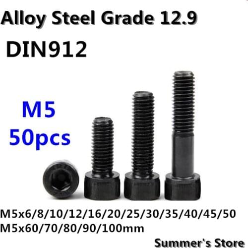 50pcs/lot DIN912 Hex Socket Head Cap Screw M5*6/8/10/12/16/20/25/30/35/40/45/50/60/70/80/90/100mm M5 black long screws bolts