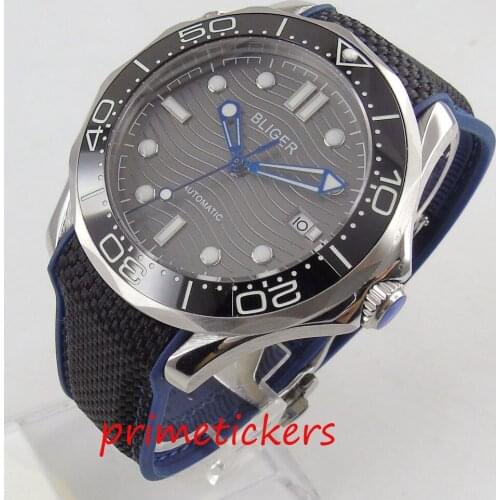 Automatic movement 41mm BLIGER sapphire glass gray dial blue pointer mens watch black ceremic bezel rubber strap black band