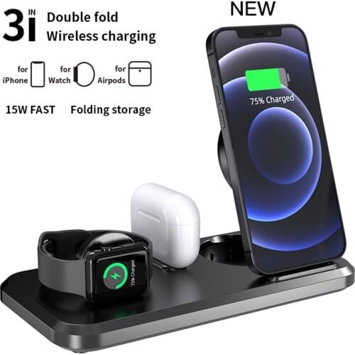 3 in 1 Wireless Charging Station for Apple Watch Airpods iPhone Mobile Phone Double Fold Fast Wireless Charger Stand Dock
