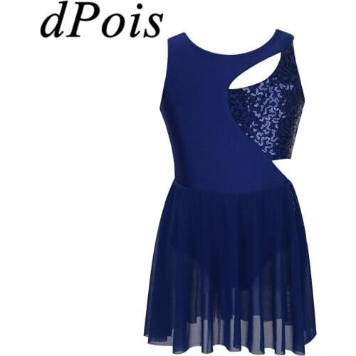 Kids Girls Asymmetrical Tutu Ballet Dress Shiny Sequins Figure Ice Skating Leotard Skirt Child Ballerina Contemporary Dance Wear