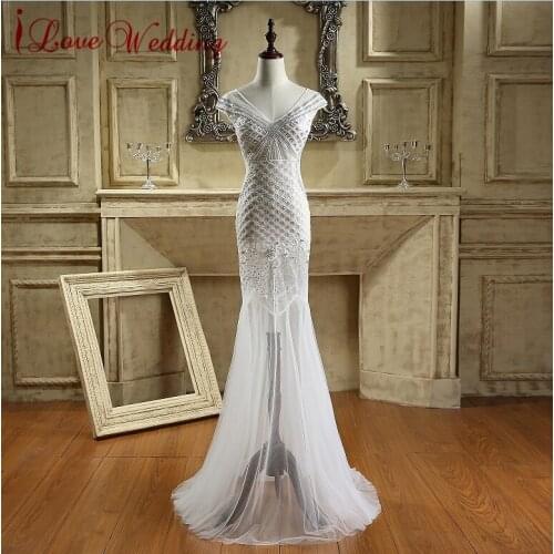 ILoveWedding High Quality Women Evening Dress Long Elegant Tulle V Neck Beading Crystals Sequins Mermaid Prom Dresses CY007