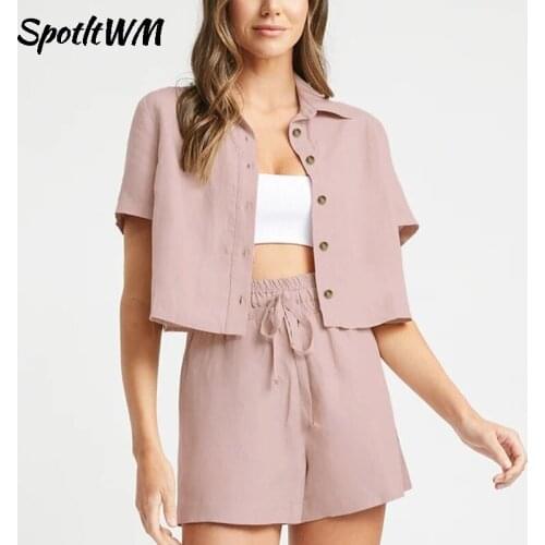 SpotLtWM Cotton Women Suit Summer Harajuru Solid Short Sleeve Crop Shirt + High Waist Shorts Two Pics Pajamas Loung Wear Outfits