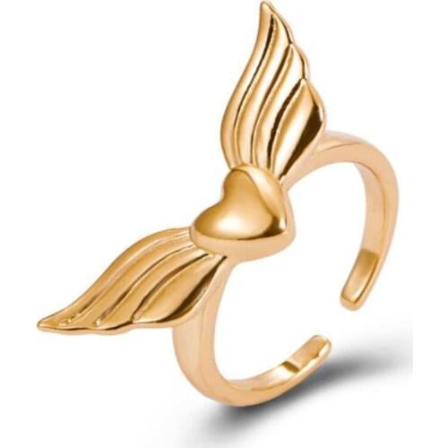 Trendy Womens Geometric Hollow Out Heart-Shaped Angel Wings Ring Adjustable Open Ring Friends Gathering Female Jewelry