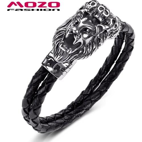 Fashion Men Jewelry Black Double Layer Leather Bracelet Stainless Steel Punk Crown lion Charm Exaggeration Bracelet PS1042