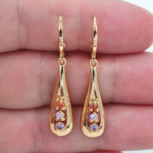 Fashion Jewelry Gold Color Colorful Cubic Zirconia Rainbow CZ Long Teardrop Dangle Earrings for Women