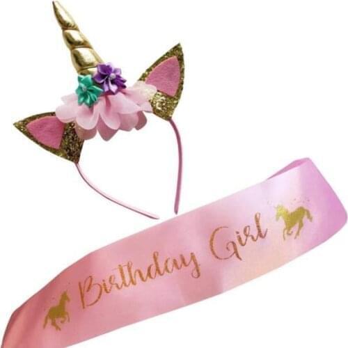 Horn Birthday Girl Set Shiny Gold GlitterHeadband Birthday Girl Sash Unicorn Theme Birthday Party Favors pink