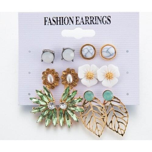 6 Pairs/Set Crystal Studs Earrings Set Mixed for Women Bohemian Gold Color Leaf Flower Stone Statement Hang Brincos Jewelry 2020