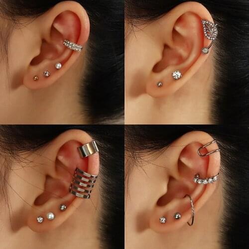 New Bohemia Leaf Crystals Pearls Mixed Crystal Ear Post Cuff Clip On Earrings Fake Cartilage Earring Clip Earring for Women Gift