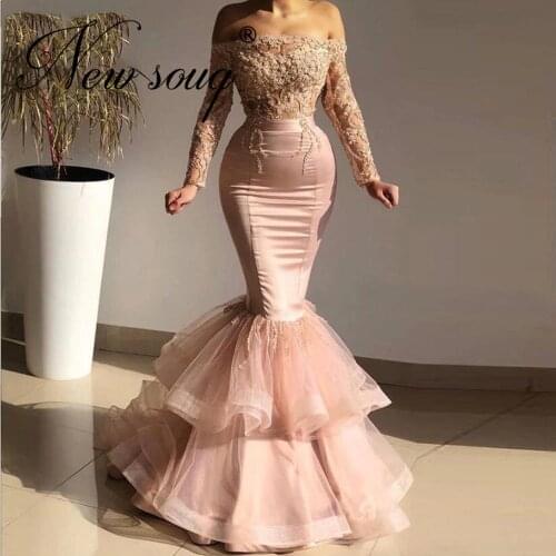 Charming Pink Mermaid Prom Dresses 2020 Robe De Soiree Arabic Dubai Prom Gowns Ruffles Formal Dress Off The Shoulder Party Night