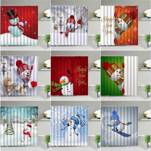 Christmas Snowman Shower Curtains Set Happy New Year Winter Luxury Polyester Funny Cartoon Bathroom Living Room Background Decor