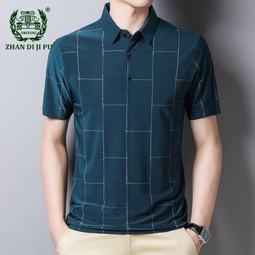 Plaid Short Sleeve Polo T-Shirts Men Summer Thin Ice Silk Breathable Fashion Business Casual Large Size Mens Polo Shirts Hipster