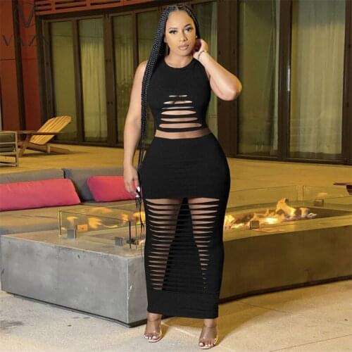 VAZN 2021 INS Solid Sexy Special High Waist Hollow Out Open Beach Young Tank Group Maxi Skirts Skinny Women 2 Piece Set