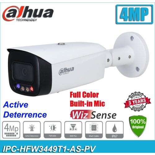 Dahua IPC-HFW3449T1-AS-PV 4MP Full Color POE Active Deterrence Bullet WizSense CCTV Network IP Camera HFW3449T1-AS-PV