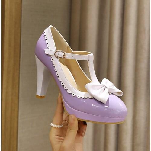 Oversized Mary Jane Wavy-Edge Violet High-Heeled Shoes With Bow-Knot Buckle Tapered Heel Sky Blue Waterproof Platform Women