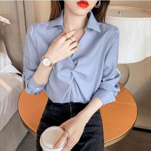 Shirts Women Long Sleeve Shirts for Women Chiffon Clothing Shirt Office Lady Solid V-Neck Shirt Tops Plus Size S-2XL
