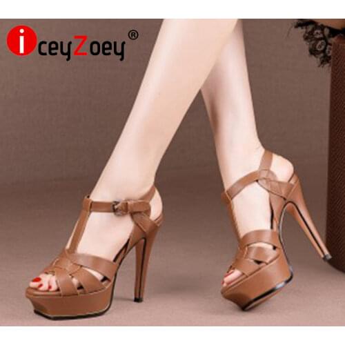 Coolcept Size 33-41 Women Genuine Leather Sandals For Women Thin High Heels Platform Buckle Strap Solid Color Ladies Footwear