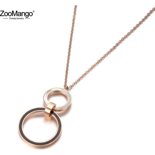 ZooMango Stainless Steel Double Circle Black & White Shell Pendant Necklaces 20 Inches Sweater Chain Necklace For Women ZN18246