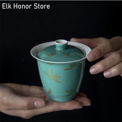 125ML Green Hand-Painted Gold Gilding Mangnolia Tureen Home Retro Cup Sancai Bowl Kiln Sopera De Ceramica Coarse Tea Set Gaiwan