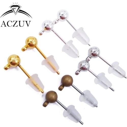 200pcs 4x12mm Ball Earring Post with Loop and Rubber Stopper Backs Jewelry Findings Accessories EZ-004